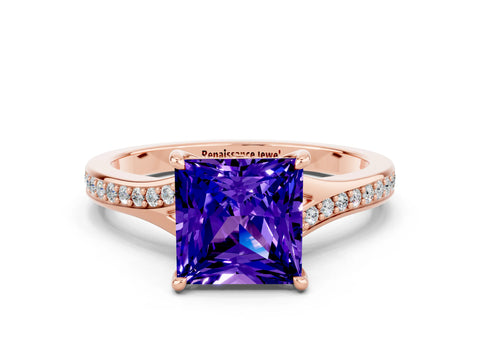 Rose gold Princess Cut Tanzanite Solitaire Ring with Pavé Band and Prong Setting