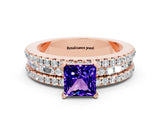Rose gold Princess Cut Tanzanite Solitaire Ring with Pavé and Channel Set Band