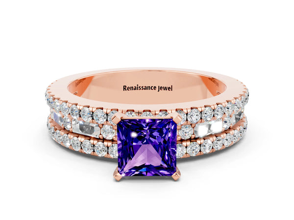 Rose gold Princess Cut Tanzanite Solitaire Ring with Pavé and Channel Set Band
