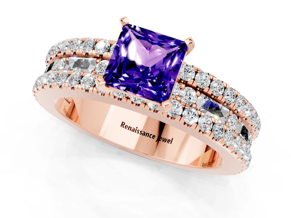 Rose gold Princess Cut Tanzanite Solitaire Ring with Pavé and Channel Set Band