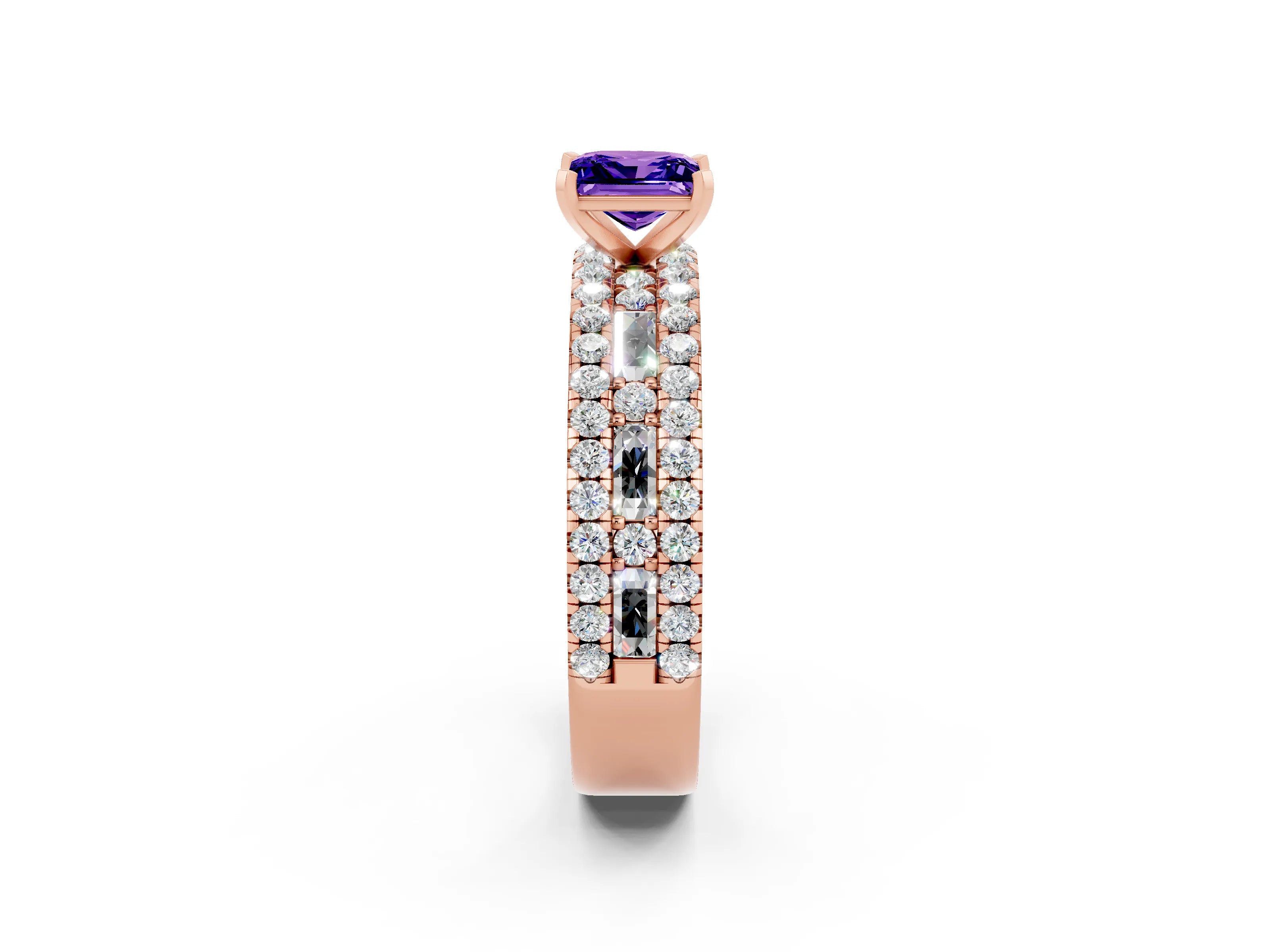 Rose gold Princess Cut Tanzanite Solitaire Ring with Pavé and Channel Set Band_2