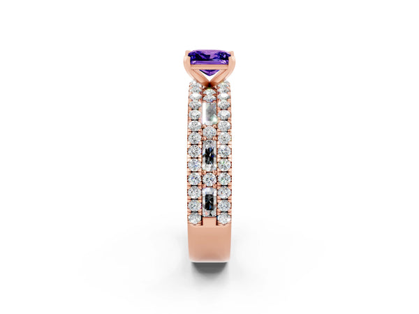 Rose gold Princess Cut Tanzanite Solitaire Ring with Pavé and Channel Set Band