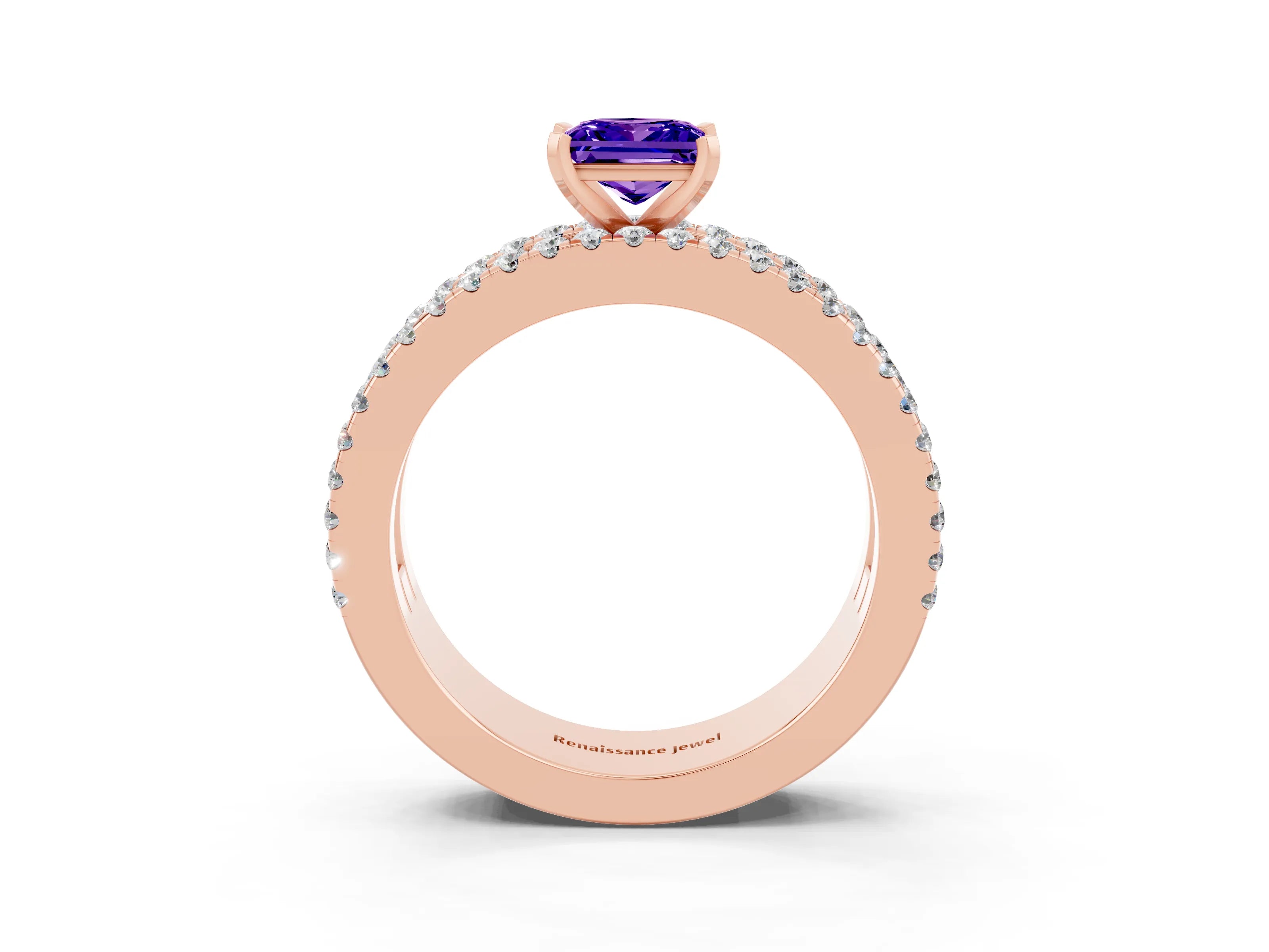 Rose gold Princess Cut Tanzanite Solitaire Ring with Pavé and Channel Set Band_3