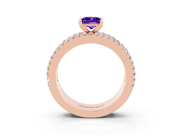 Rose gold Princess Cut Tanzanite Solitaire Ring with Pavé and Channel Set Band