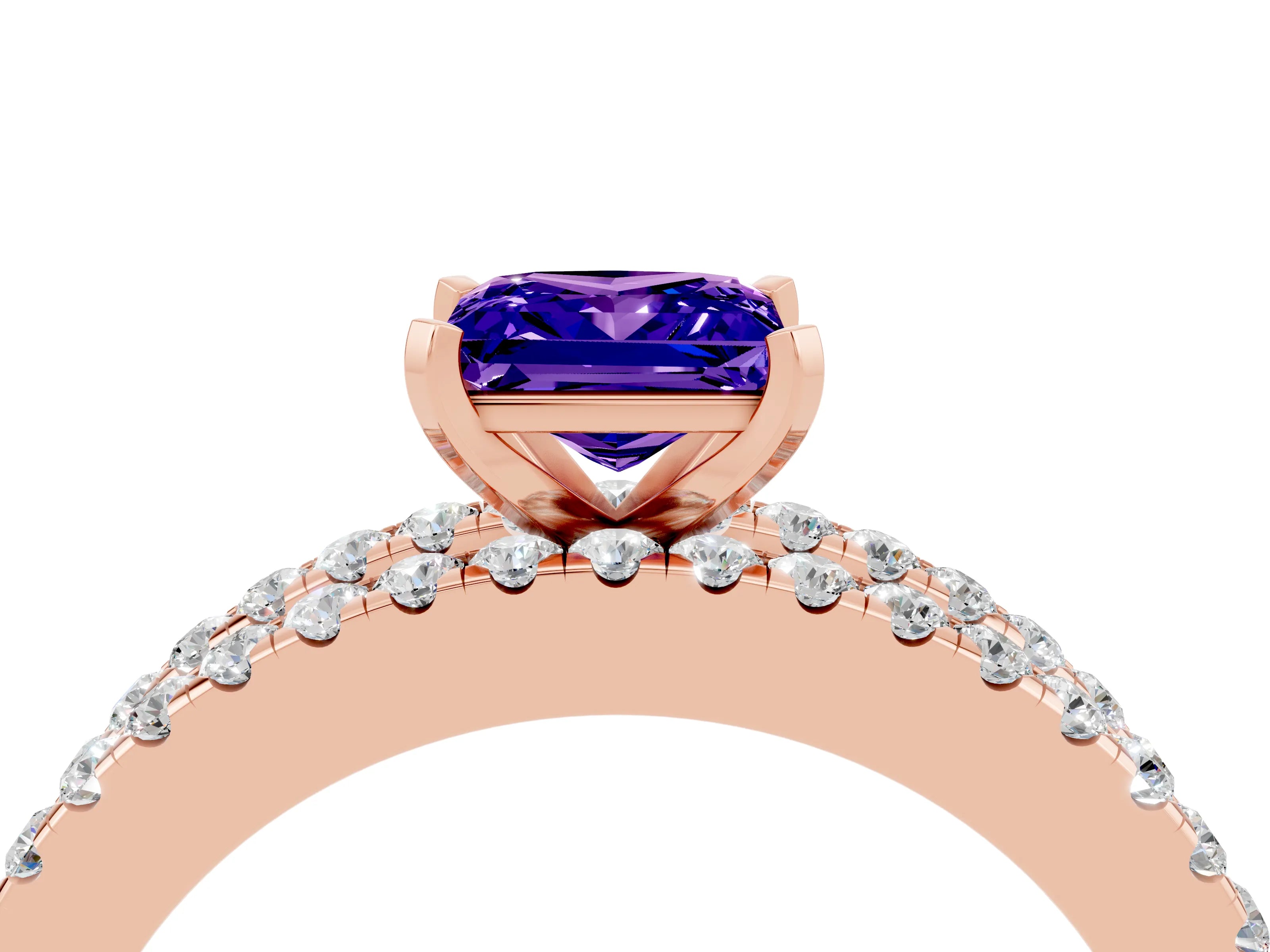 Rose gold Princess Cut Tanzanite Solitaire Ring with Pavé and Channel Set Band_4