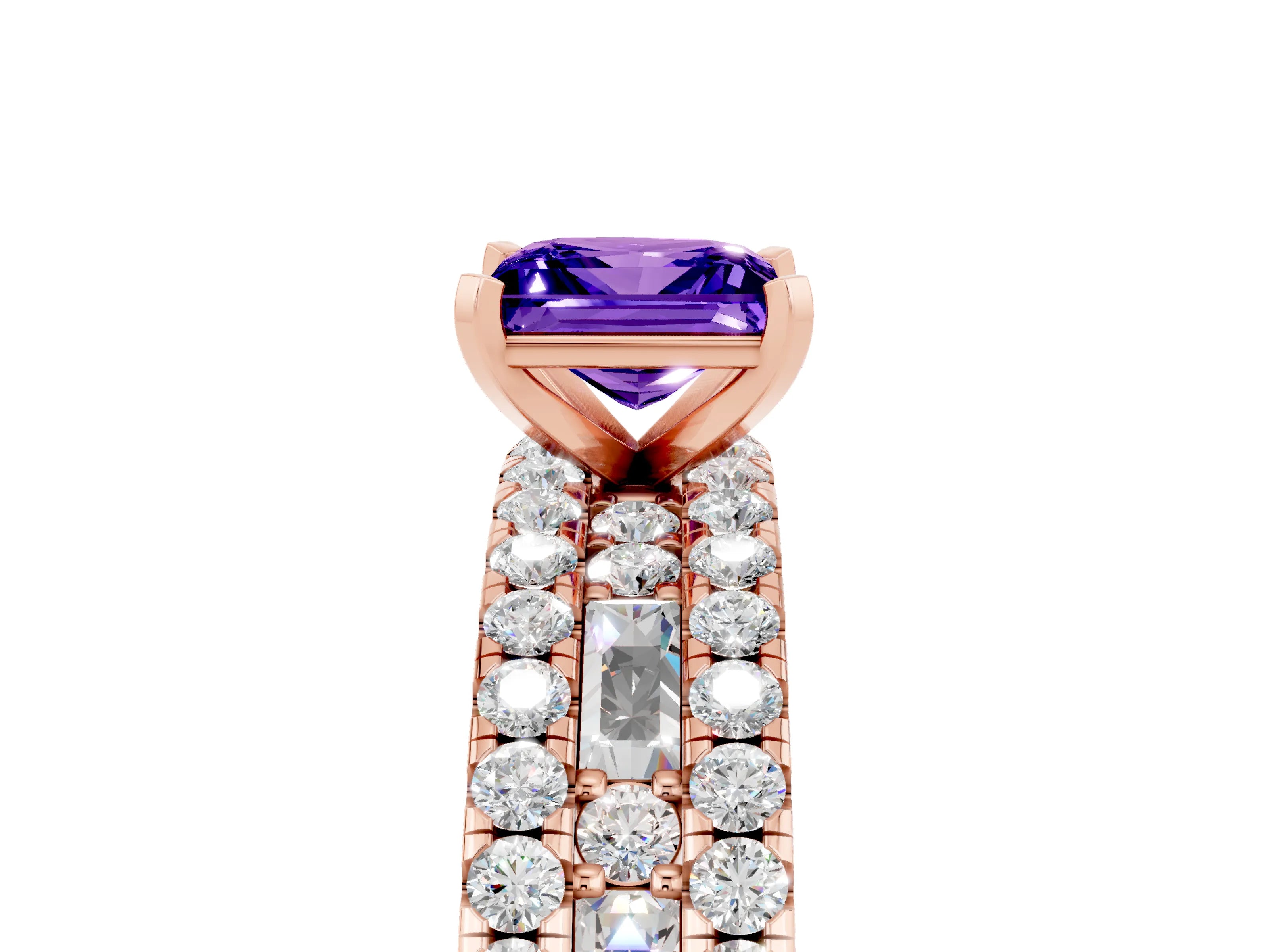 Rose gold Princess Cut Tanzanite Solitaire Ring with Pavé and Channel Set Band_5