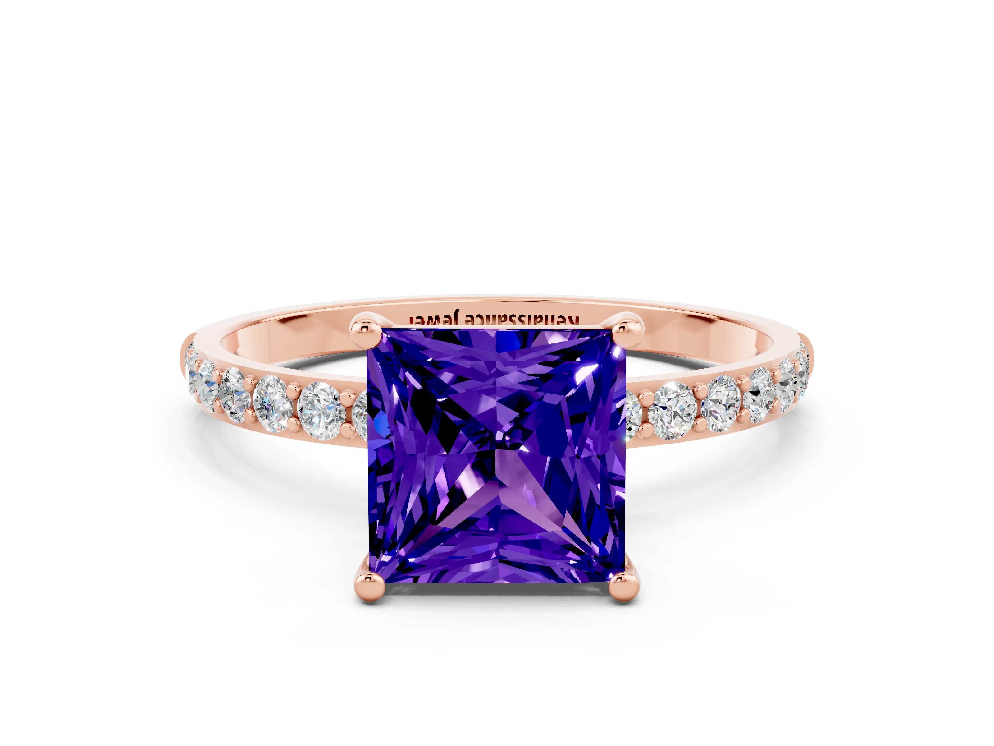 Rose gold Princess Cut Tanzanite Solitaire Ring with Pave Band and Four Prong Setting_24