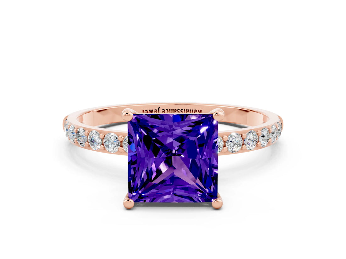 Rose gold Princess Cut Tanzanite Solitaire Ring with Pave Band and Four Prong Setting_24