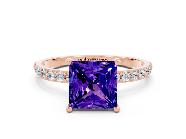 Rose gold Princess Cut Tanzanite Solitaire Ring with Round  Pavé Band and Prong Setting