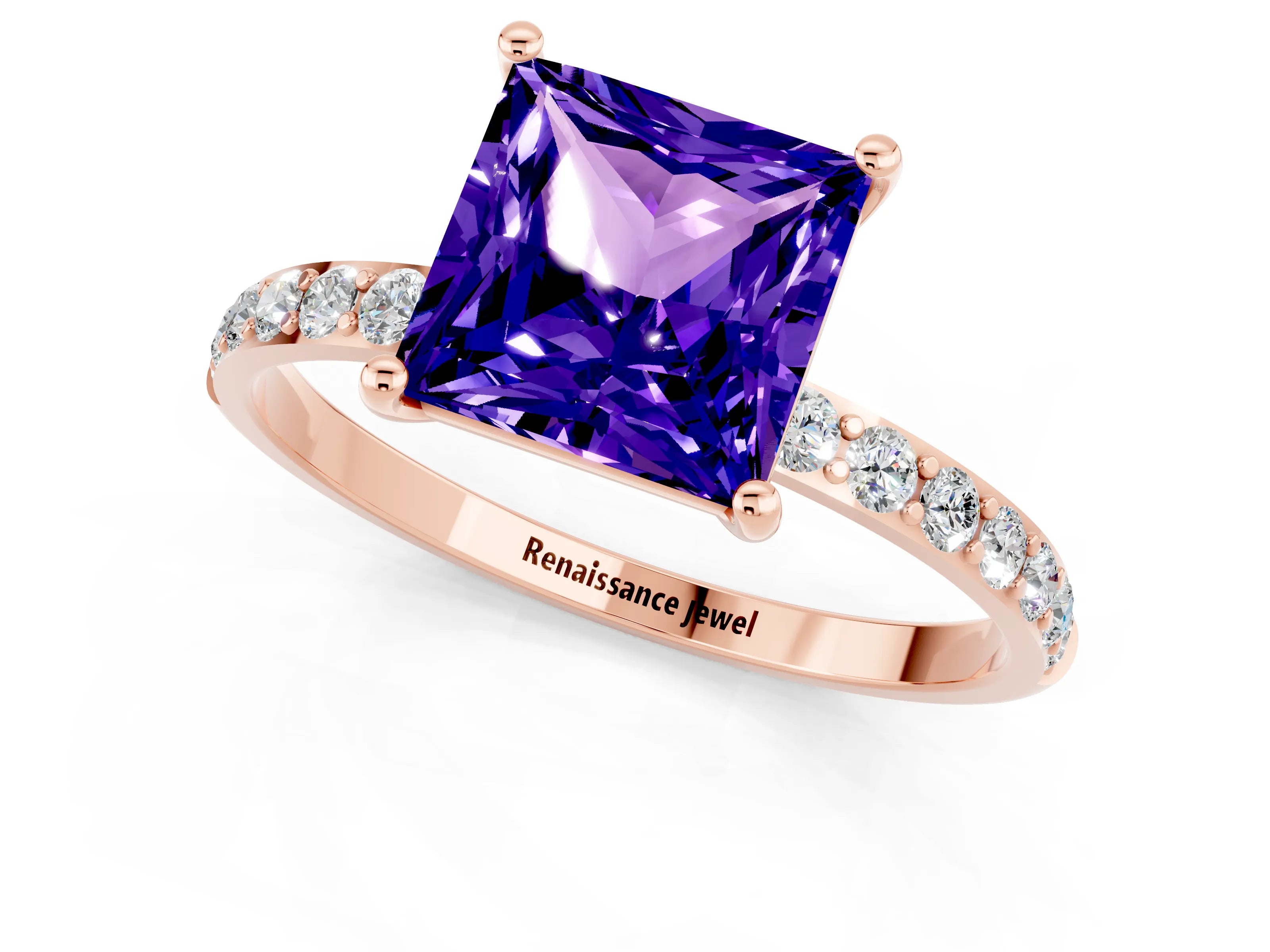 Rose gold Princess Cut Tanzanite Solitaire Ring with Pave Band and Four Prong Setting_25