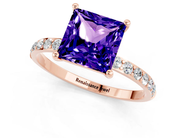 Rose gold Princess Cut Tanzanite Solitaire Ring with Round  Pavé Band and Prong Setting