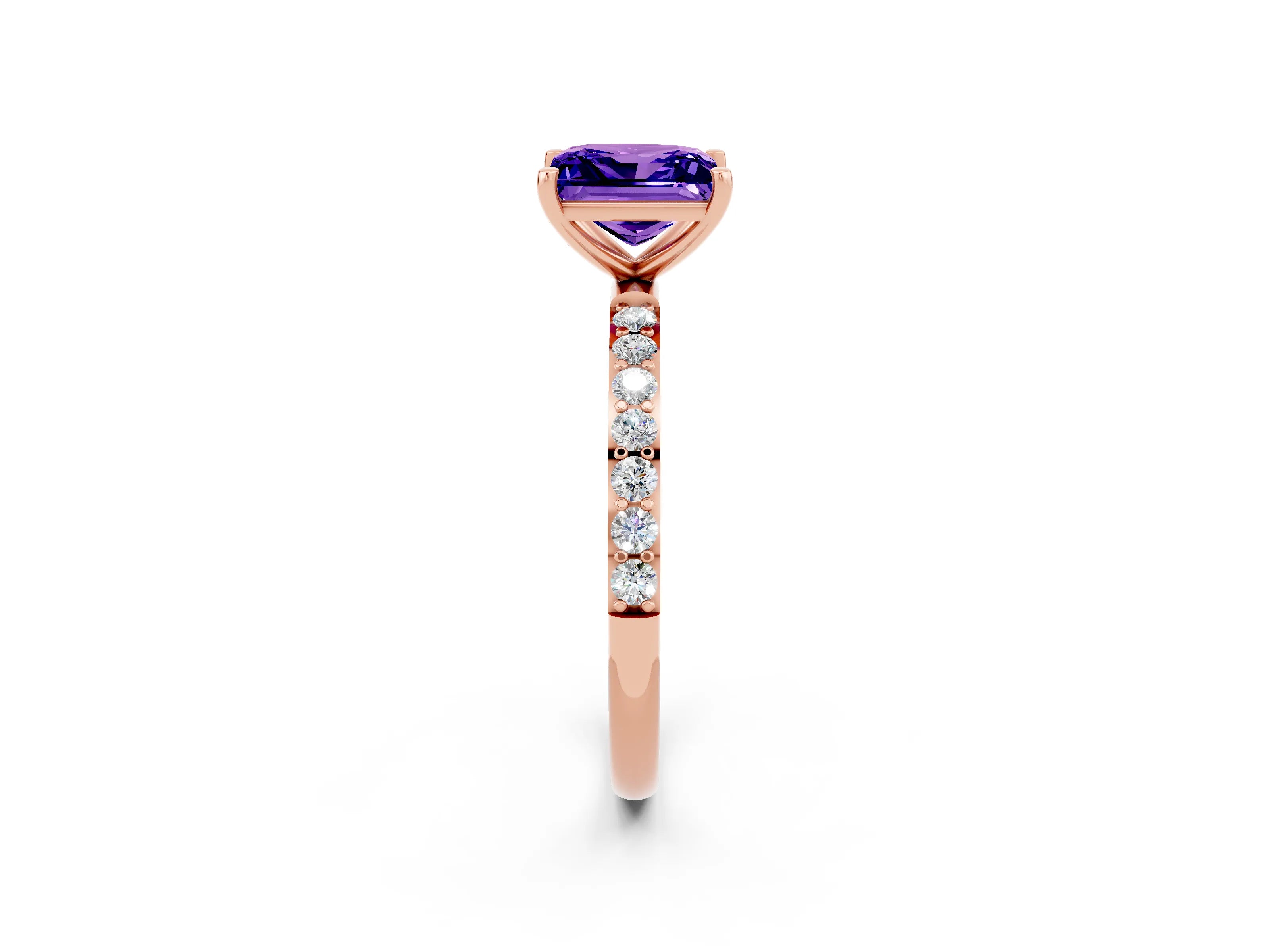 Rose gold Princess Cut Tanzanite Solitaire Ring with Pave Band and Four Prong Setting_26