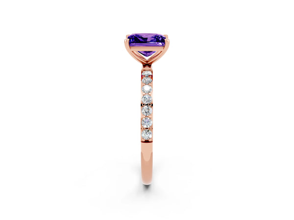 Rose gold Princess Cut Tanzanite Solitaire Ring with Round  Pavé Band and Prong Setting