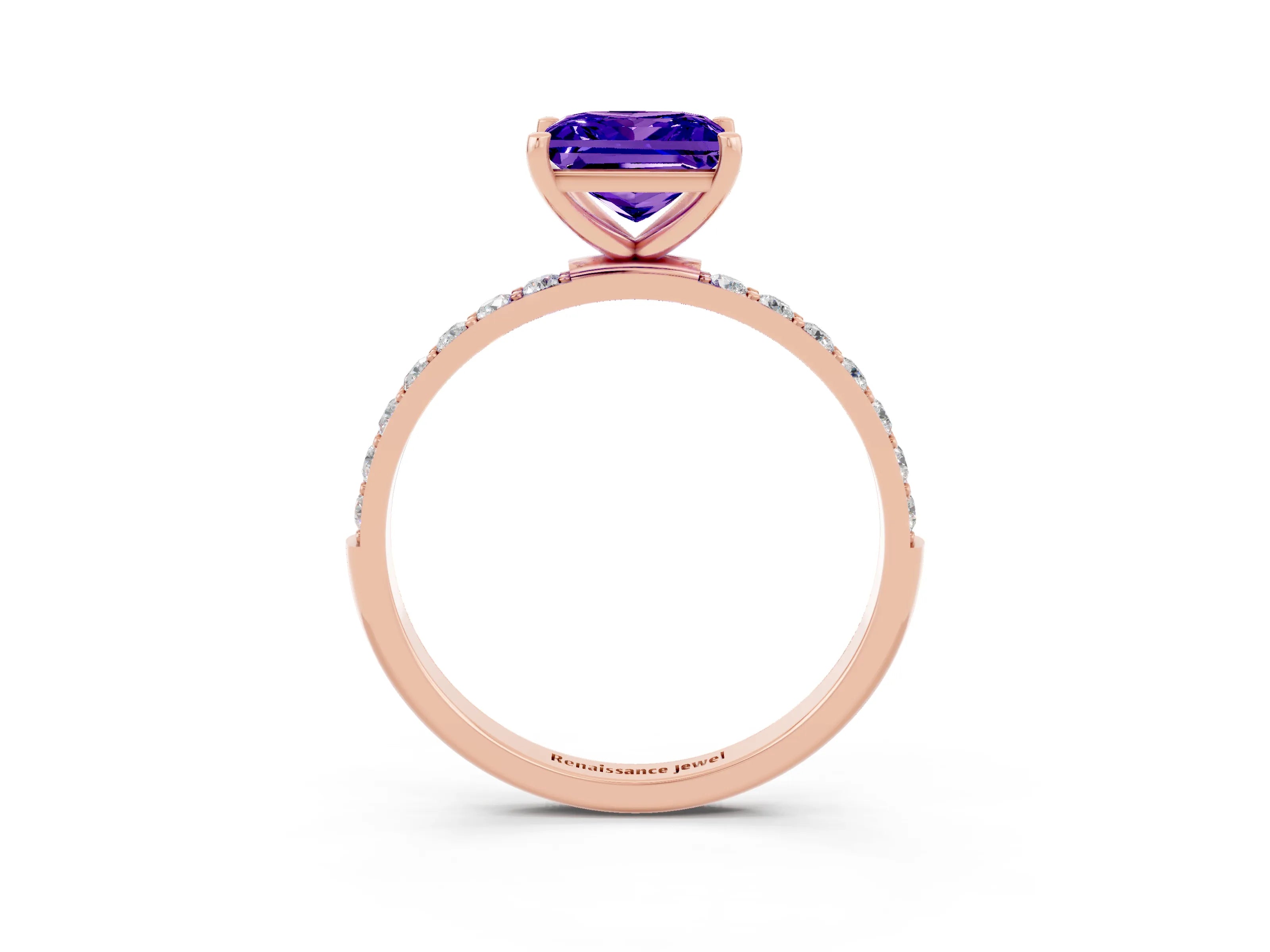 Rose gold Princess Cut Tanzanite Solitaire Ring with Pave Band and Four Prong Setting_27