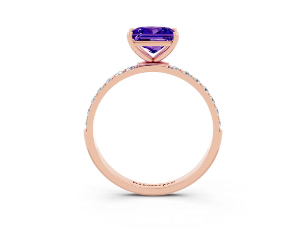 Rose gold Princess Cut Tanzanite Solitaire Ring with Round  Pavé Band and Prong Setting
