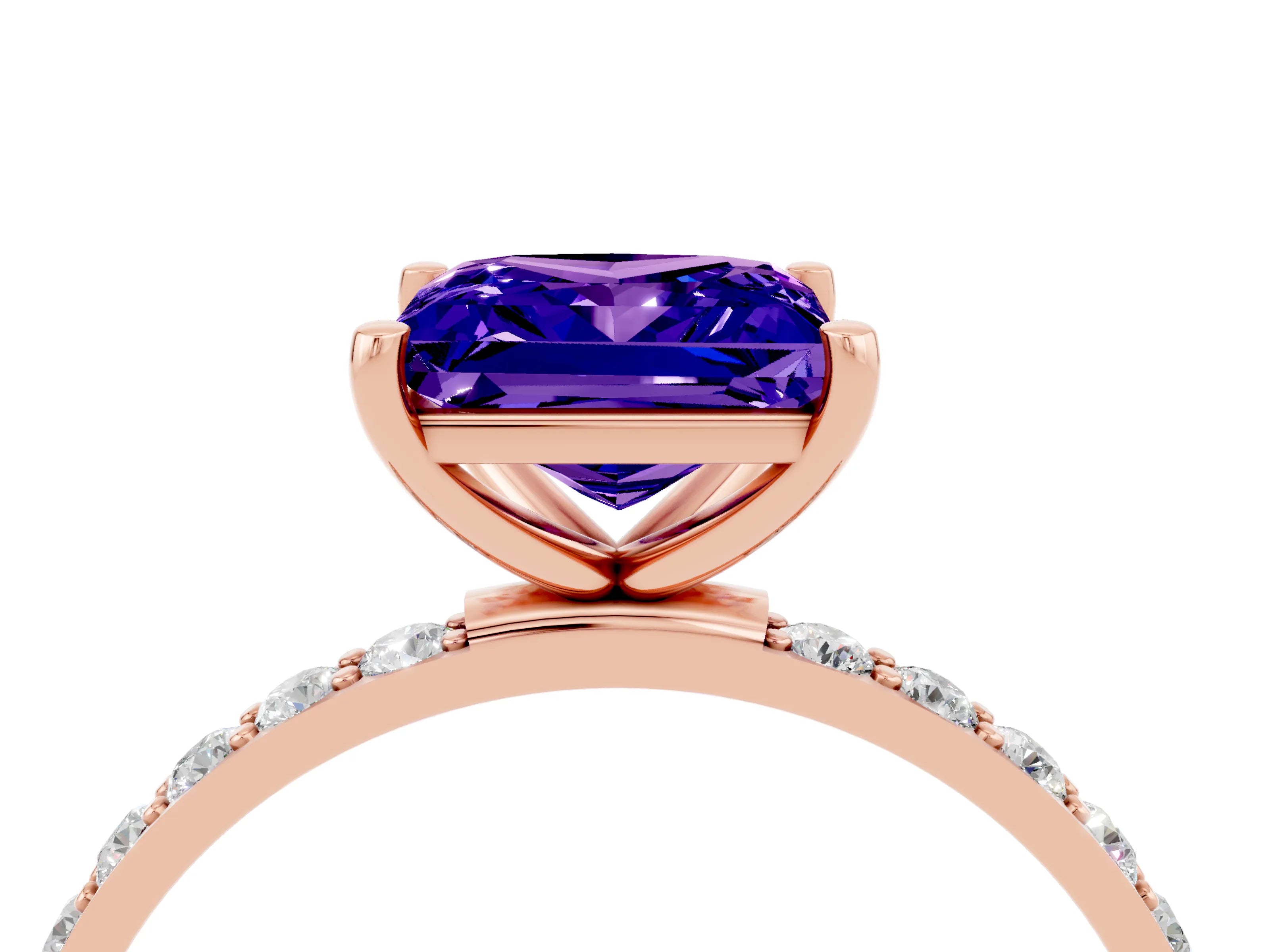 Rose gold Princess Cut Tanzanite Solitaire Ring with Pave Band and Four Prong Setting_28