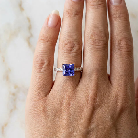 Rose gold Princess Cut Tanzanite Solitaire Ring with Round  Pavé Band and Four-Prong Setting_42