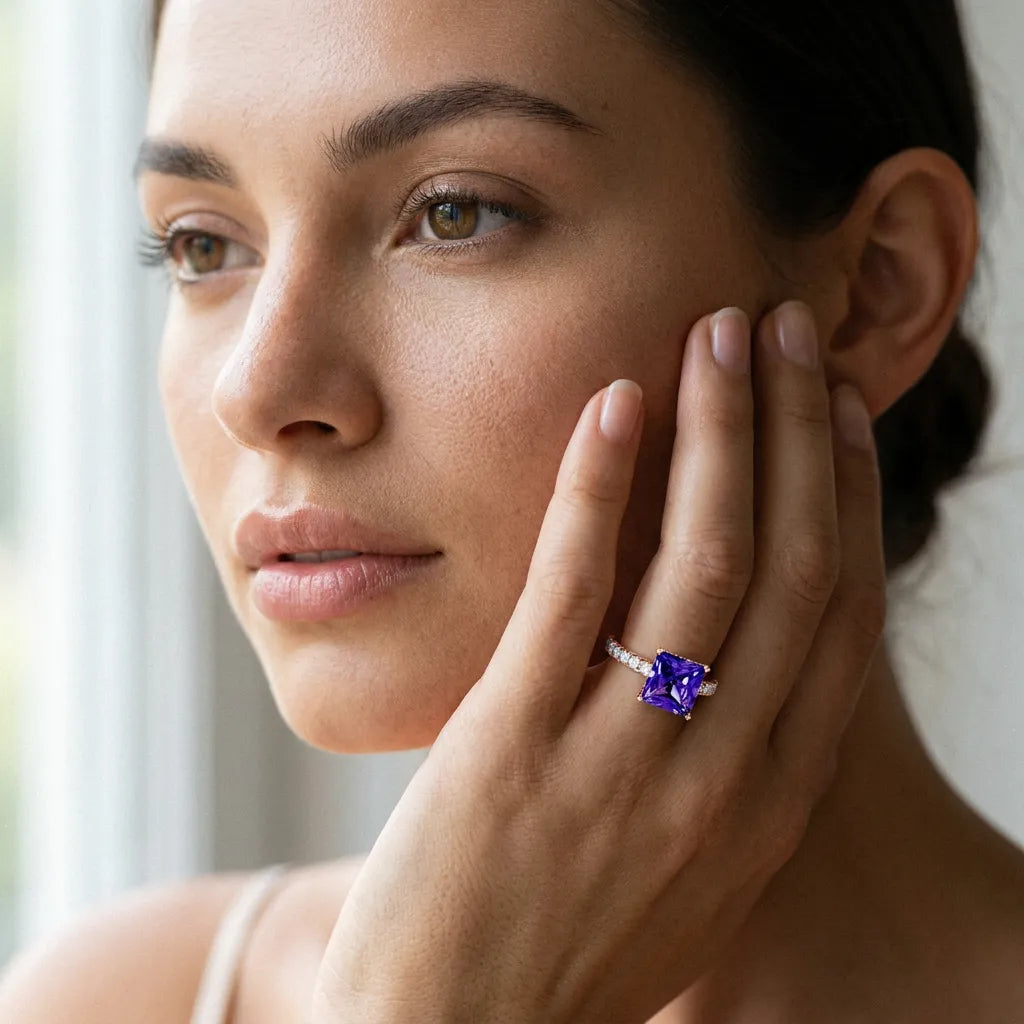 Rose gold Princess Cut Tanzanite Solitaire Ring with Round  Pavé Band and Four-Prong Setting_43