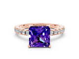 Rose gold Princess Cut Tanzanite Solitaire Ring with Round  Pavé Band and Four-Prong Setting_44