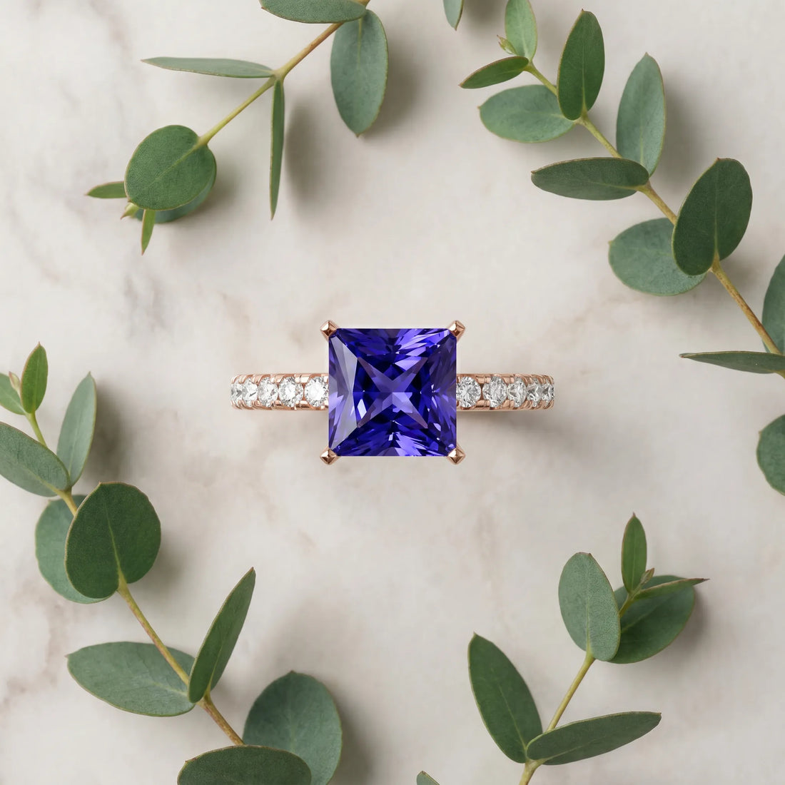 Rose gold Princess Cut Tanzanite Solitaire Ring with Round  Pavé Band and Four-Prong Setting_45