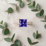 Rose gold Princess Cut Tanzanite Solitaire Ring with Round  Pavé Band and Four-Prong Setting_45
