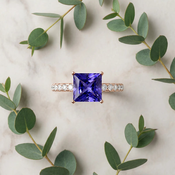 Rose gold Princess Cut Tanzanite Solitaire Ring with Round  Pavé Band and Four-Prong Setting