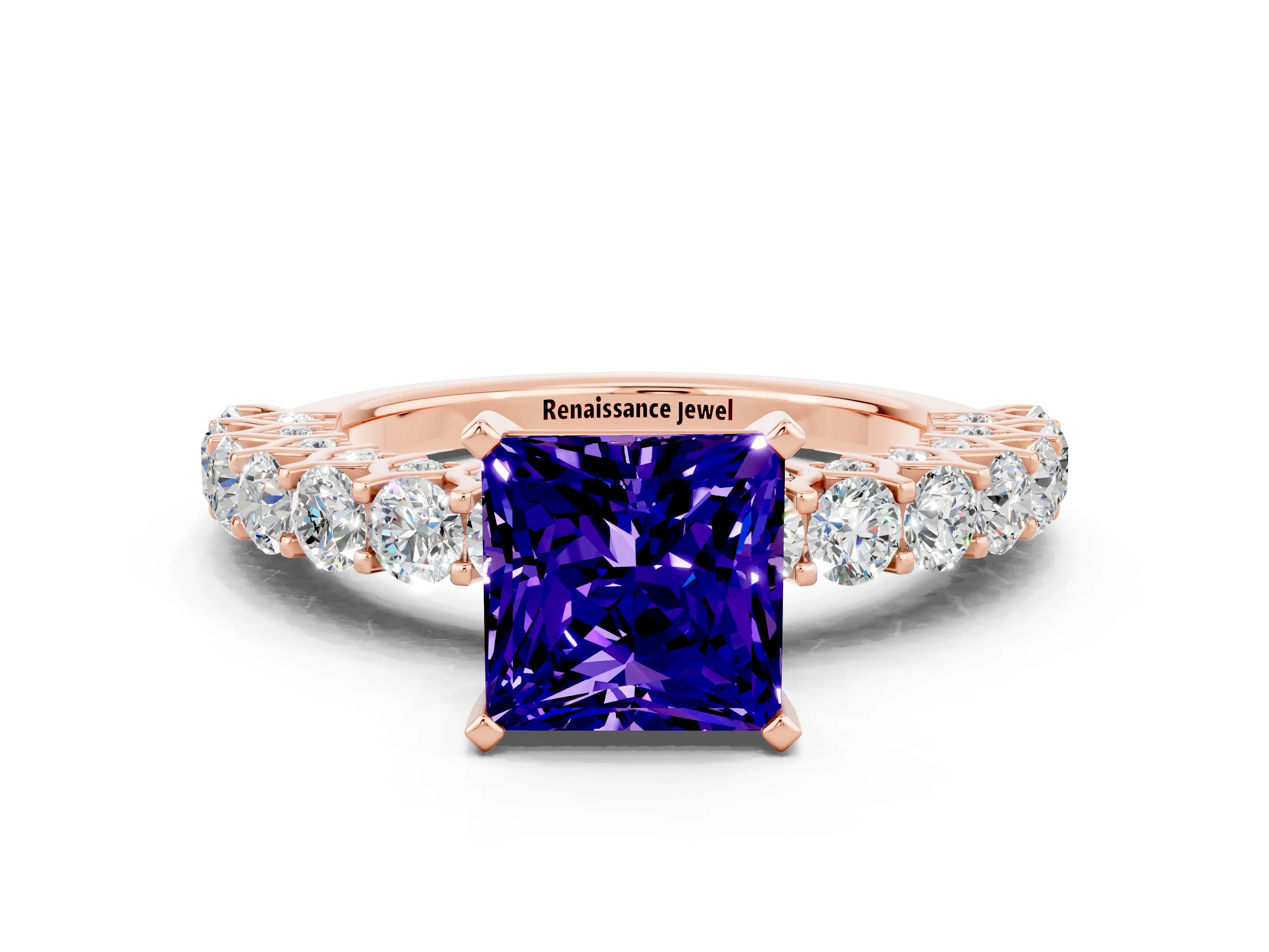 Rose gold Princess Cut Tanzanite Solitaire Ring with Shared Prong Pavé Band and Four-Prong Setting