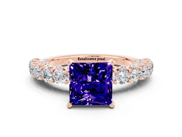 Rose gold Princess Cut Tanzanite Solitaire Ring with Shared Prong Pavé Band and Four-Prong Setting
