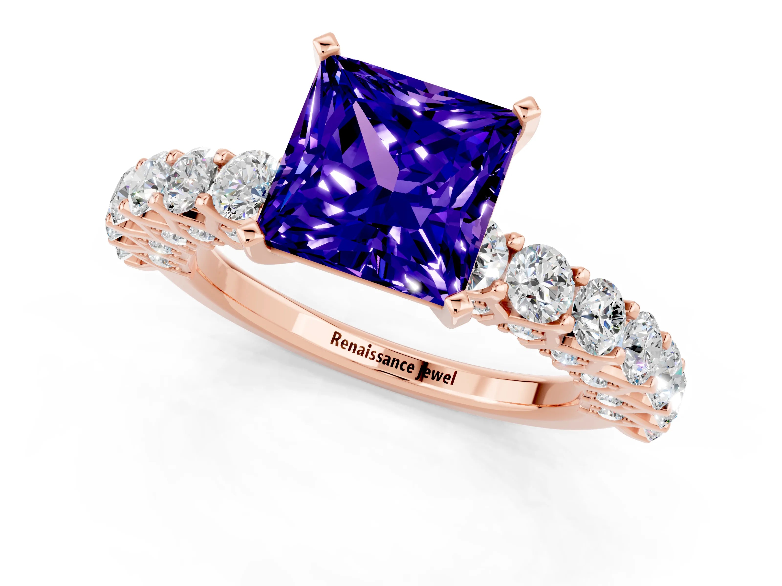 Rose gold Princess Cut Tanzanite Solitaire Ring with Shared Prong Pavé Band and Four-Prong Setting_1