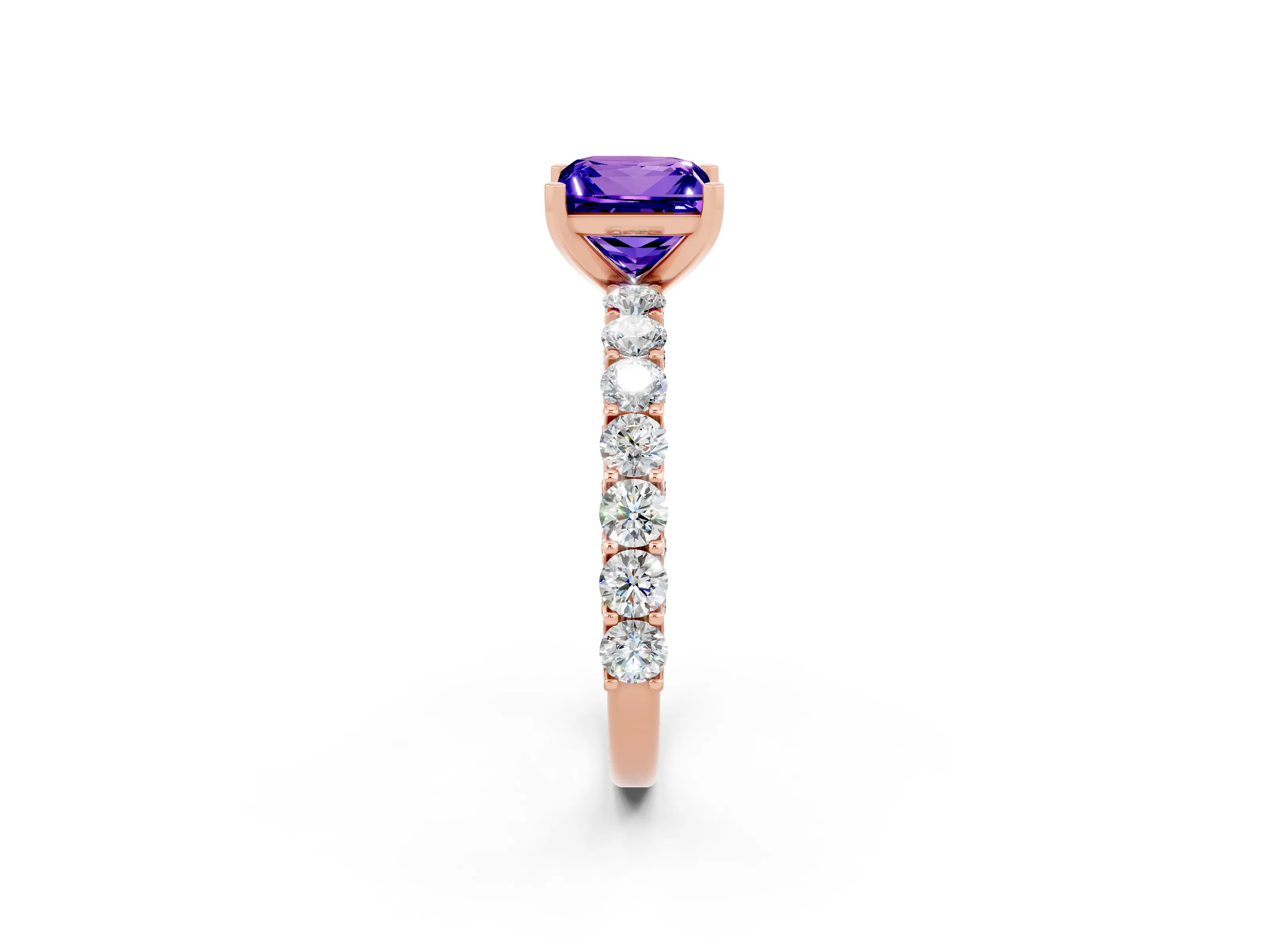 Rose gold Princess Cut Tanzanite Solitaire Ring with Shared Prong Pavé Band and Four-Prong Setting_2