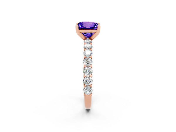Rose gold Princess Cut Tanzanite Solitaire Ring with Shared Prong Pavé Band and Four-Prong Setting
