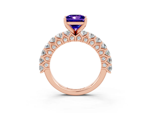 Rose gold Princess Cut Tanzanite Solitaire Ring with Shared Prong Pavé Band and Four-Prong Setting