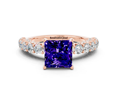 Rose gold Princess Cut Tanzanite Solitaire Ring with Shared Prong Pavé Band and Four-Prong Setting