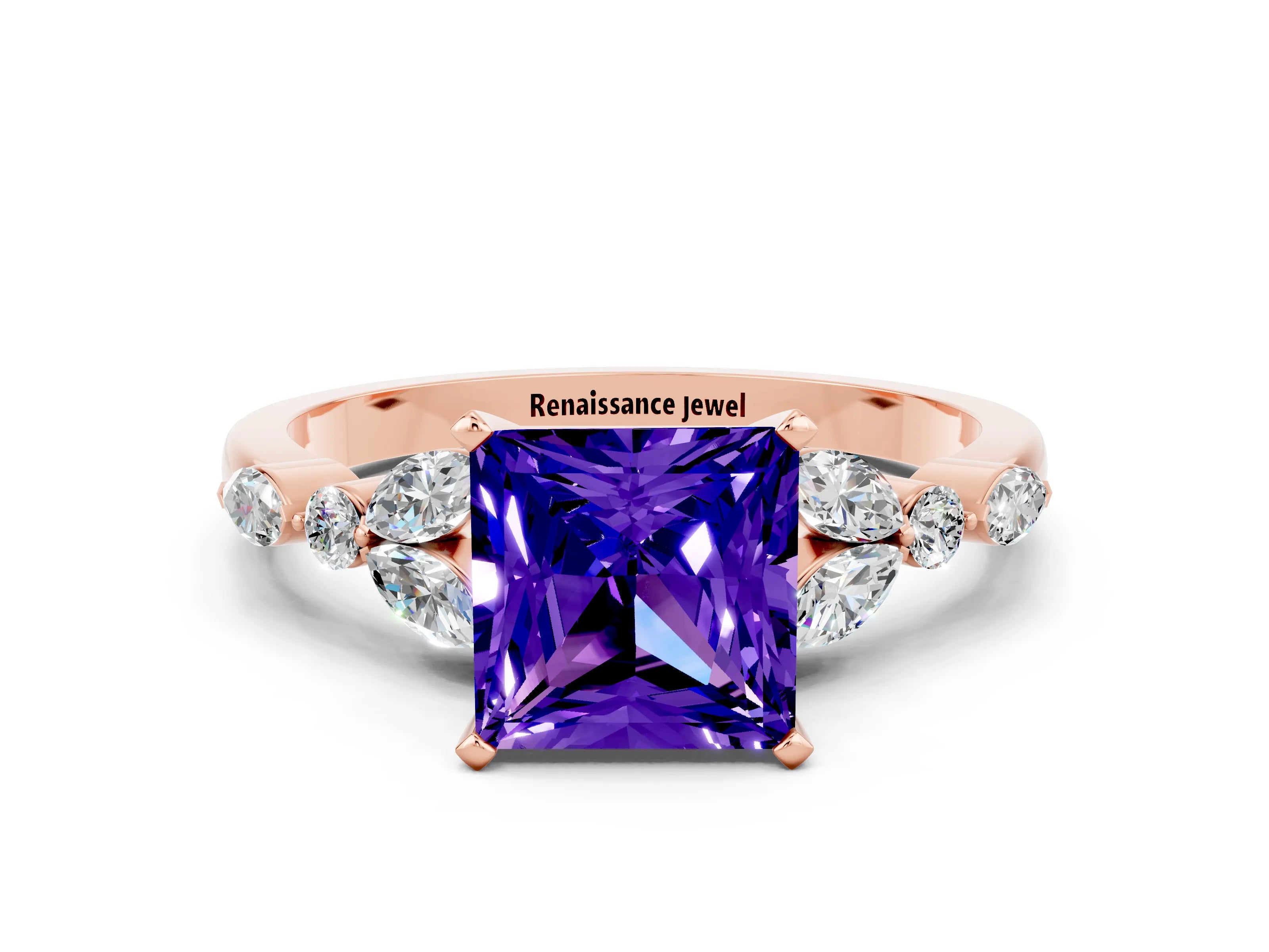 Rose gold Princess Cut Tanzanite Solitaire Ring with Side Stones and Four-Prong Setting_12