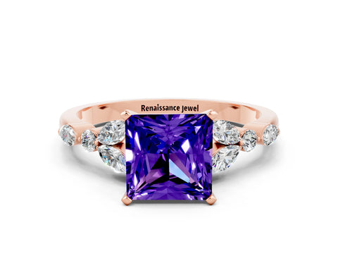 Rose gold Princess Cut Tanzanite Solitaire Ring with Side Stones and Four-Prong Setting_12