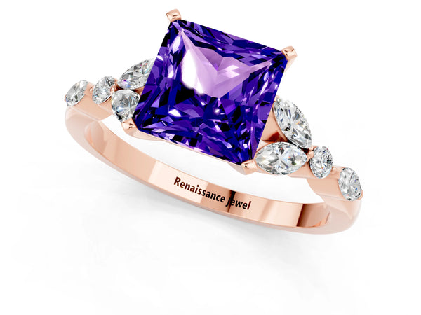 Rose gold Princess Cut Tanzanite Solitaire Ring with Side Stones and Four-Prong Setting