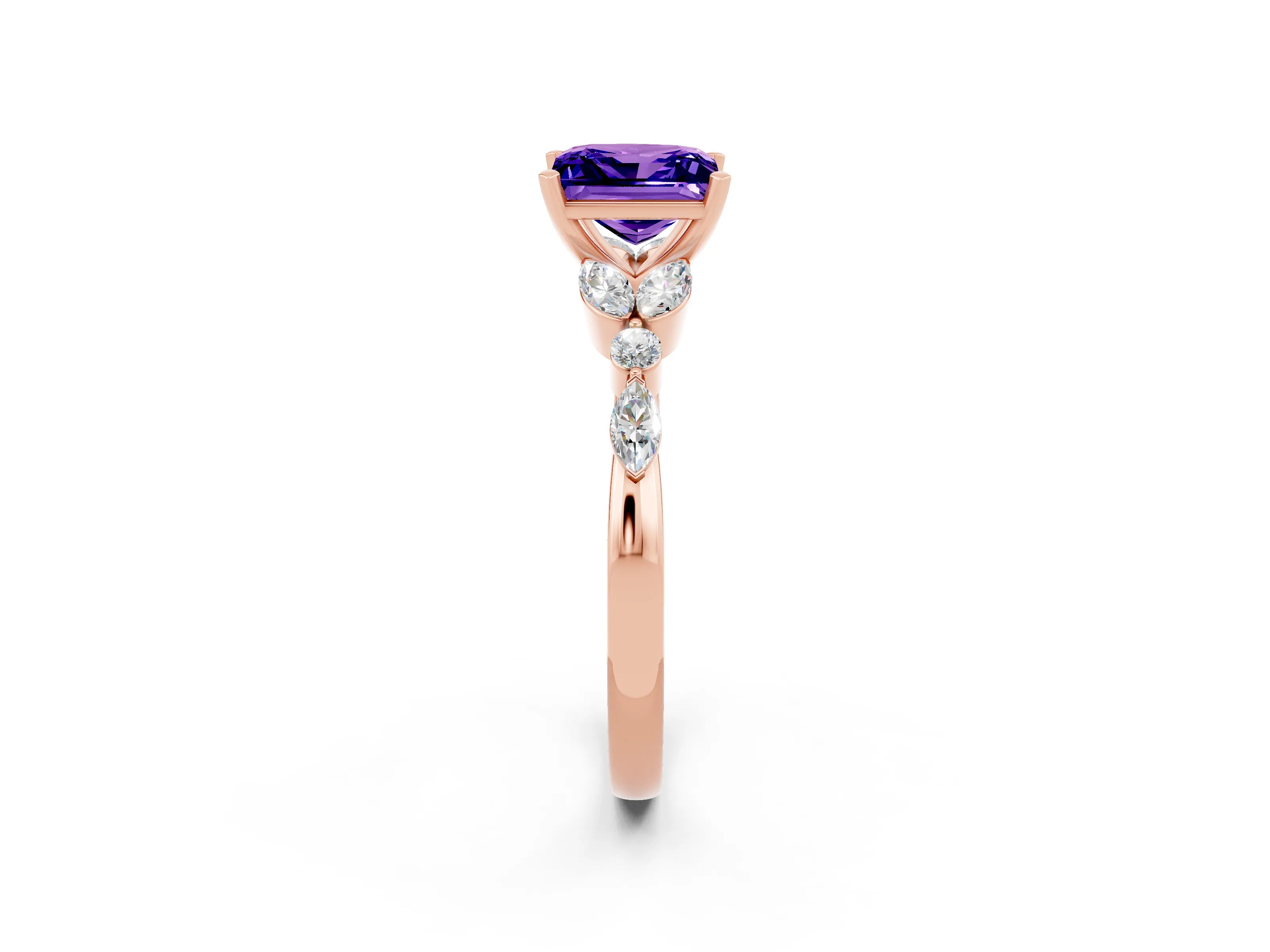 Rose gold Princess Cut Tanzanite Solitaire Ring with Side Stones and Four-Prong Setting_14