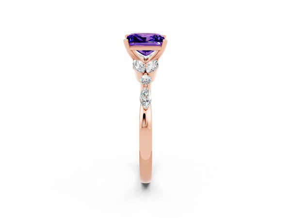 Rose gold Princess Cut Tanzanite Solitaire Ring with Side Stones and Four-Prong Setting