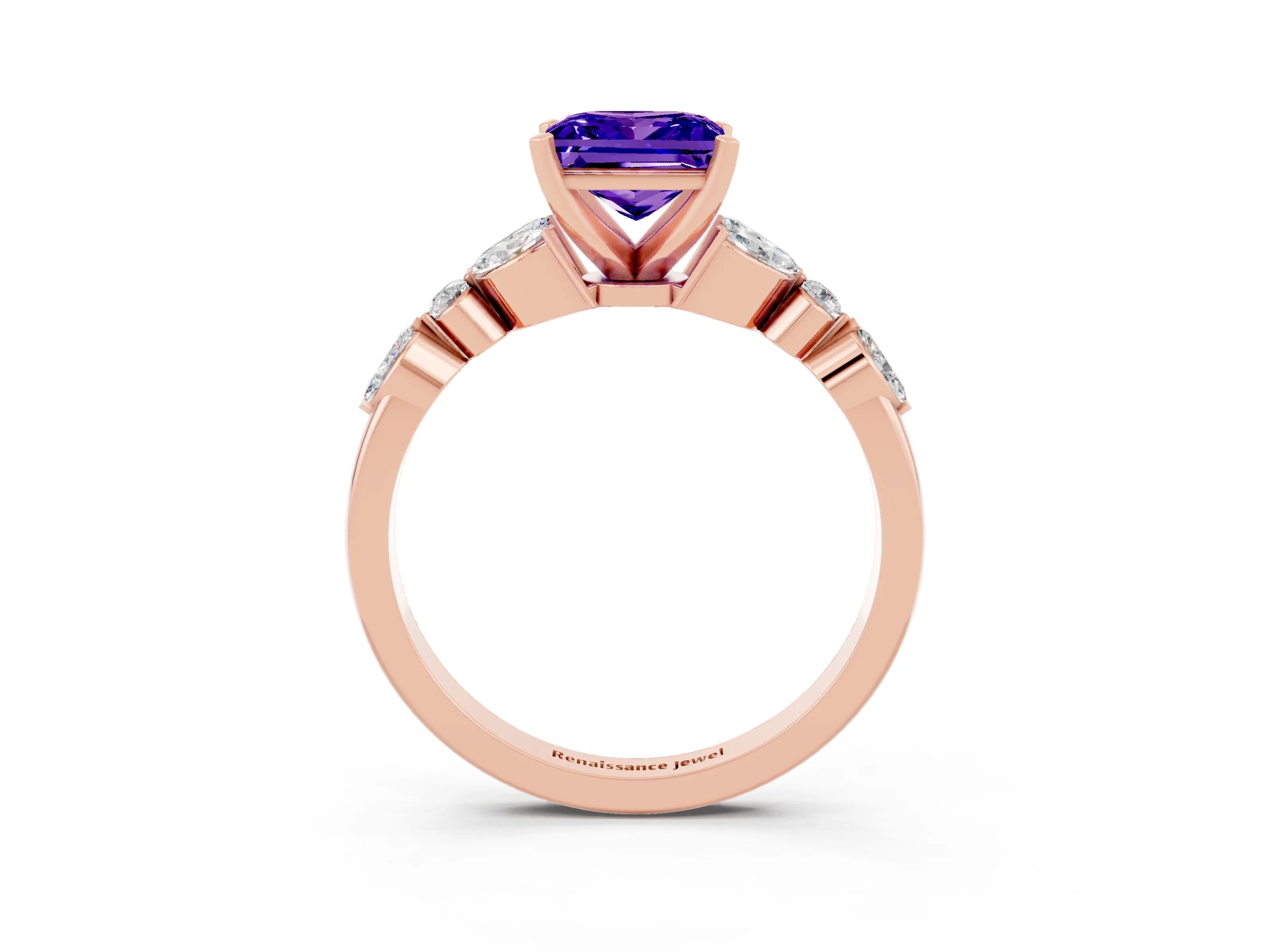 Rose gold Princess Cut Tanzanite Solitaire Ring with Side Stones and Four-Prong Setting_15