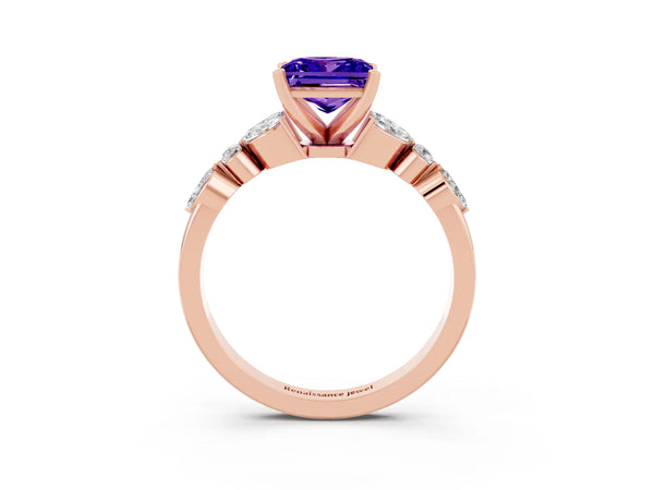 Rose gold Princess Cut Tanzanite Solitaire Ring with Side Stones and Four-Prong Setting