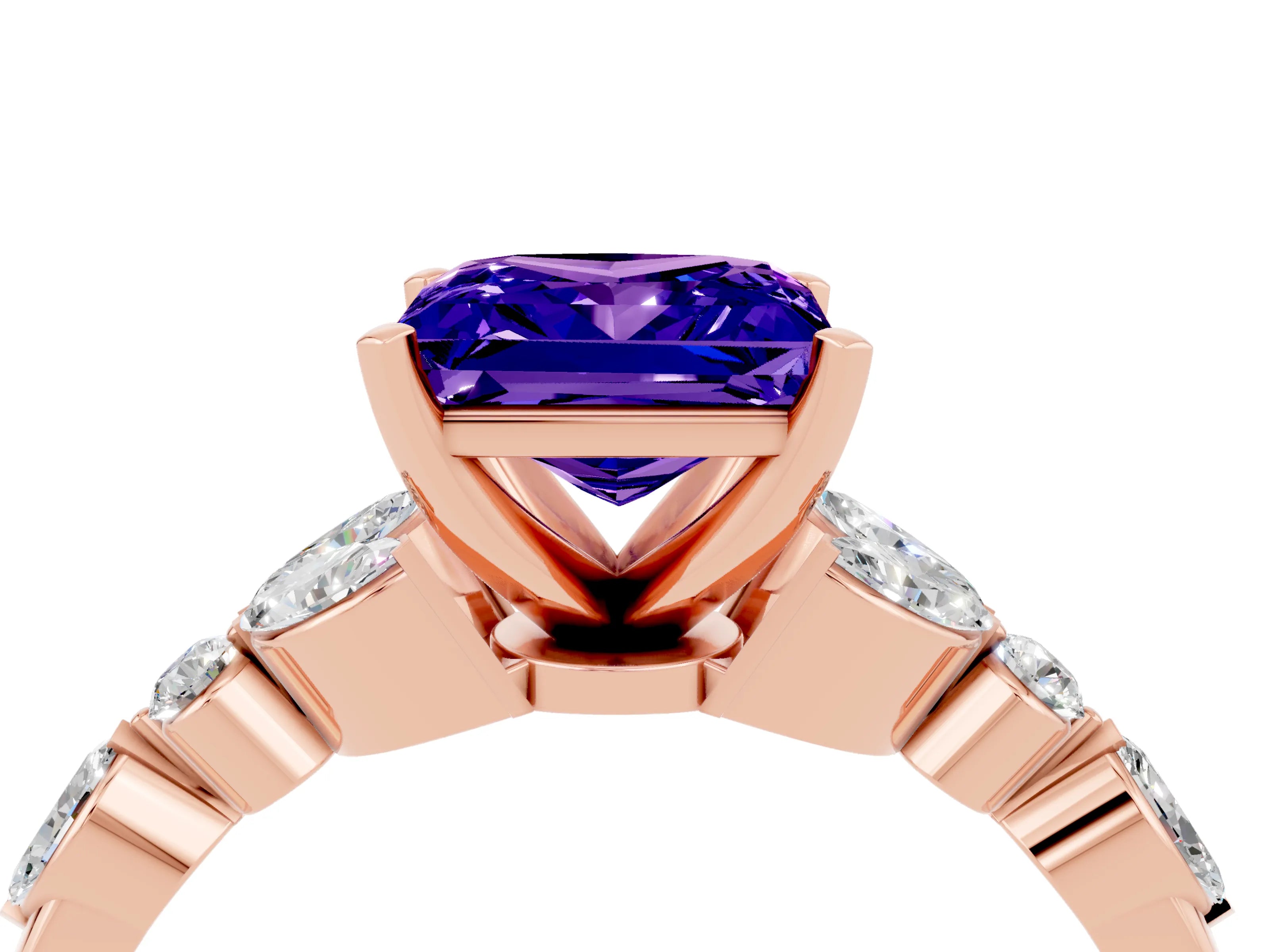Rose gold Princess Cut Tanzanite Solitaire Ring with Side Stones and Four-Prong Setting_16