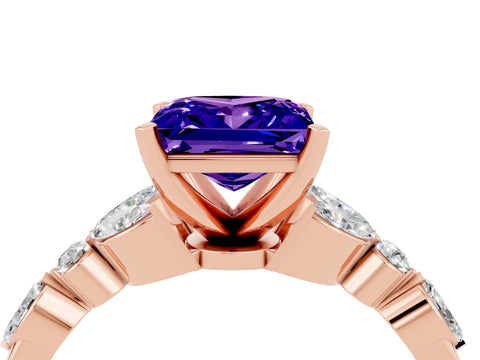 Rose gold Princess Cut Tanzanite Solitaire Ring with Side Stones and Four-Prong Setting_16