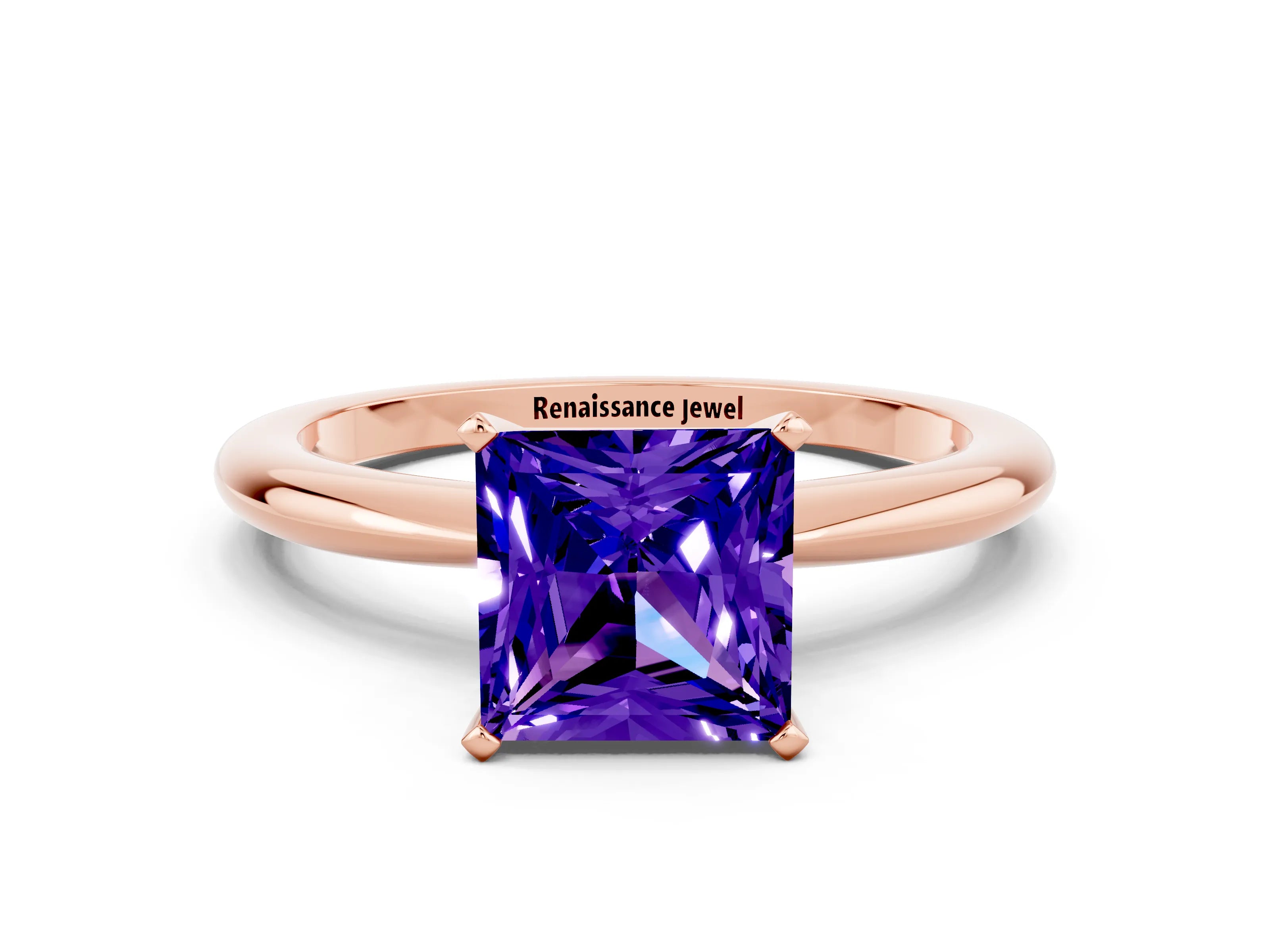 Rose gold Princess Cut Tanzanite Solitaire Ring with Six-Prong Setting and Classic Band