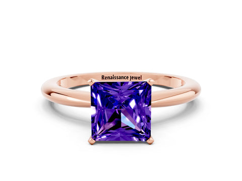 Rose gold Princess Cut Tanzanite Solitaire Ring with Six-Prong Setting and Classic Band