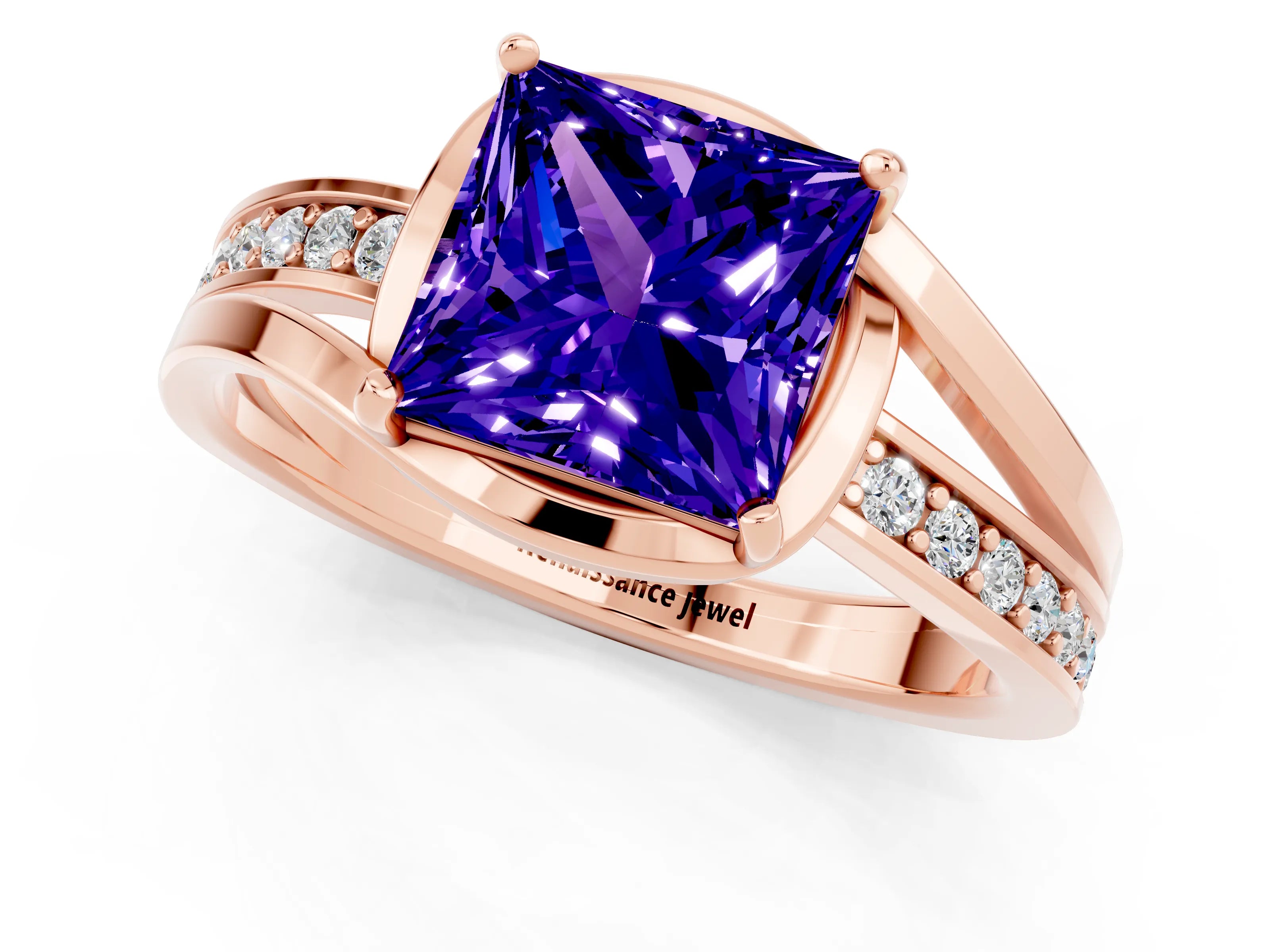Rose gold Princess Cut Tanzanite Solitaire Ring with Split Shank and Prong Setting_1