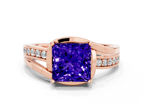 Rose gold Princess Cut Tanzanite Solitaire Ring with Split Shank and Prong Setting