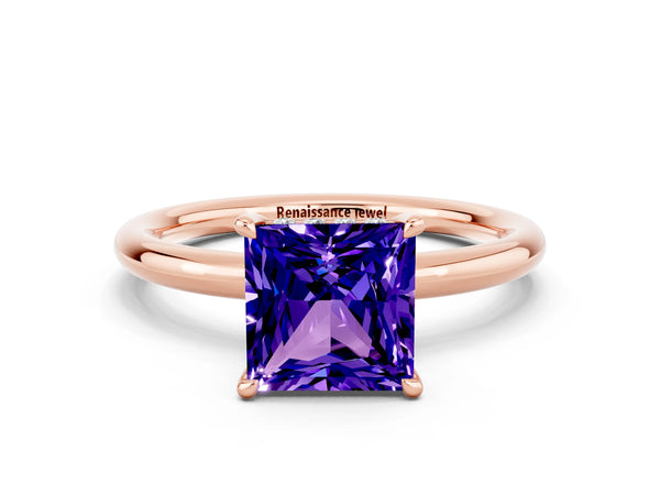 Rose gold Princess Cut Tanzanite Solitaire Ring with Thin Band and Four-Prong Setting