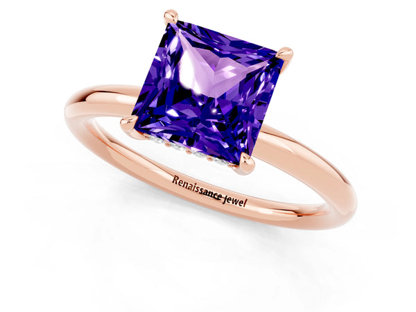 Rose gold Princess Cut Tanzanite Solitaire Ring with Thin Band and Four-Prong Setting