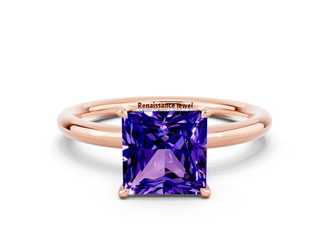 Rose gold Princess Cut Tanzanite Solitaire Ring with Thin Band and Four-Prong Setting