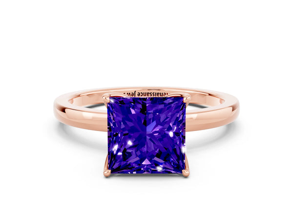 Rose gold Princess Cut Tanzanite Solitaire Ring with Thin Band and Prong Setting